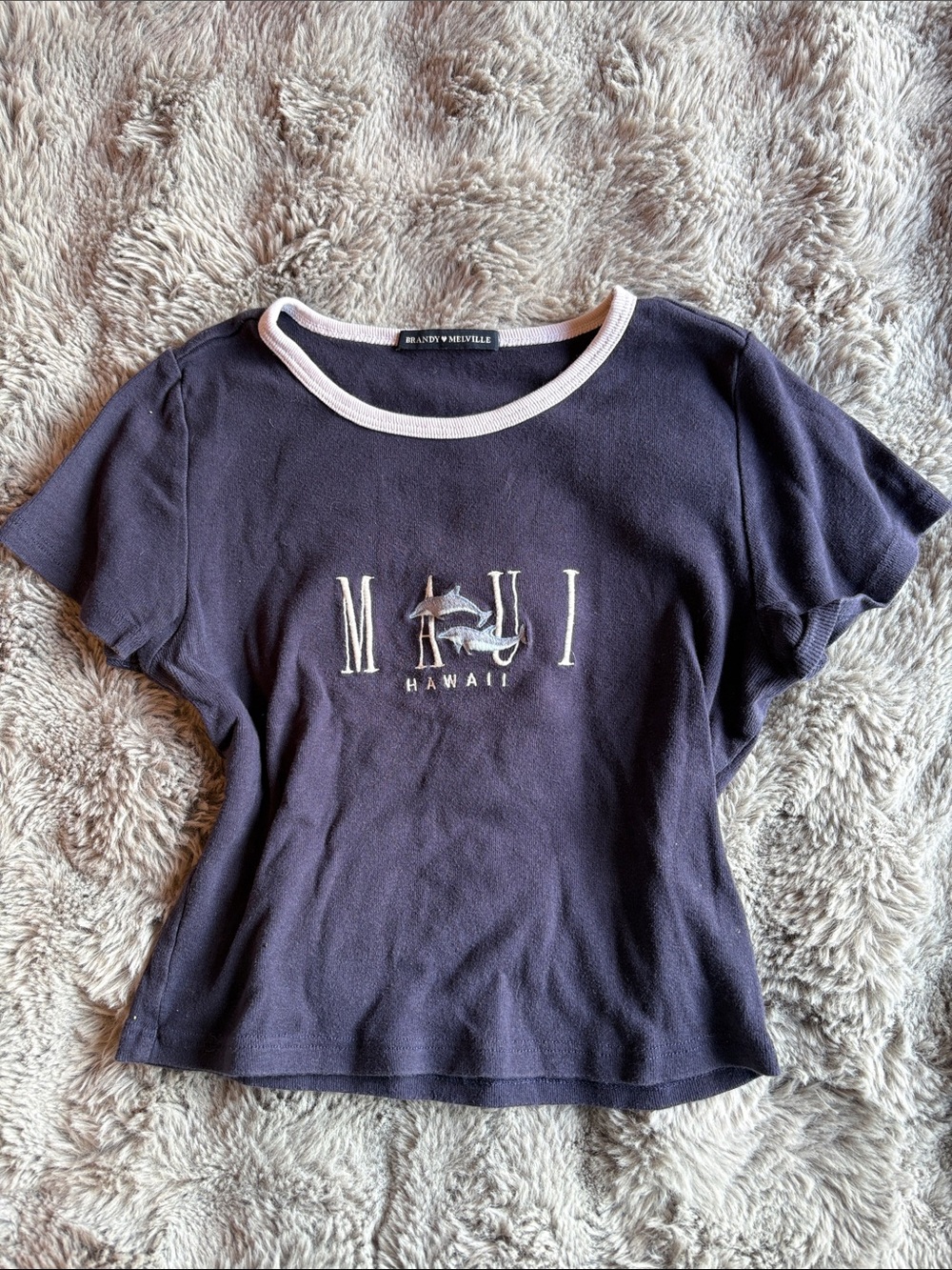 Brandy Melville Navy and White Maui Hawaii Baby Tee